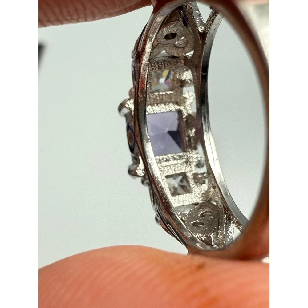 Sterling Silver‎ Purple Princess Cut Three Stone Ring Enamel Heart Filigree Sz 6